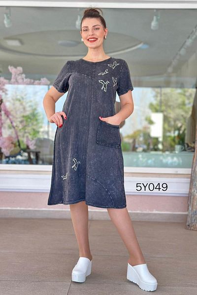 İnce Topuk Stone Printed Dress with Front Mesh Pocket 5Y049