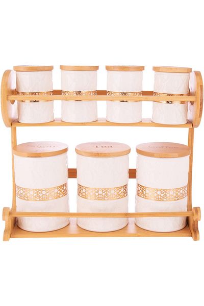 AKDC Incredible Canister Set - Elegant Design, Durable Ceramic Jars with Wooden Lids, Brown & White