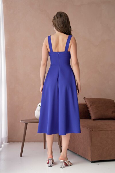 bayansepeti Γυναικείο Μπλε Φόρεμα με Χοντρό Γιακά Κάστρου Midi Size Flared Cut