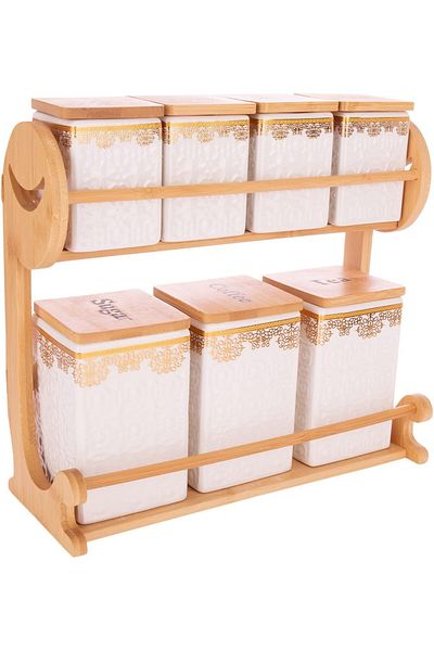 AKDC Incredible Canister Set - Durable Ceramic Jars with Wooden Lids, Brown & White, Lovely Design