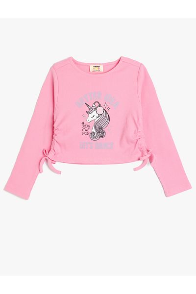 Koton Unicorn Crop T-Shirt Long Sleeve Crew Neck Side Gather Tie up Cotton