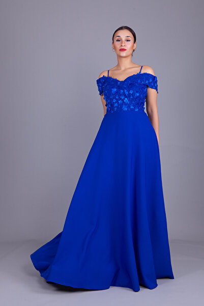 NO48 Сакс Квітковий Тюль Деталь Низькі Плечі Ремінці Човник Комір Максі Довжи...