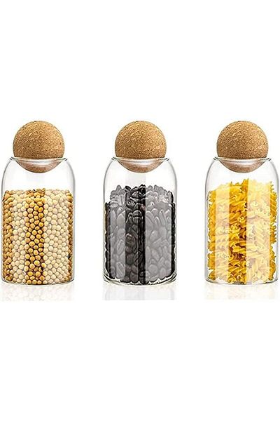 AKDC Glass Food Storage Canister with Airtight Cork Lid [800ml/27Oz], Set of 3 for Kitchen Pantry
