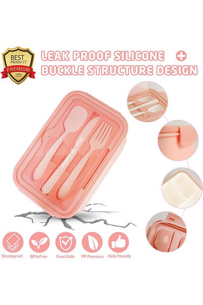 COOYA Bento Lunch Box for Kids,Durable Leak-proof,with 3 Compartments and Cup,Lunch Bag,Spoon,Fork,Pink