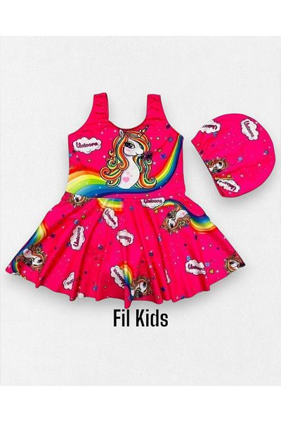 Fil Kids Κοριτσίστικο μπλε μονόκερο με χοντρό λουράκι με φούστα και μπονέ ροζ μαγιό