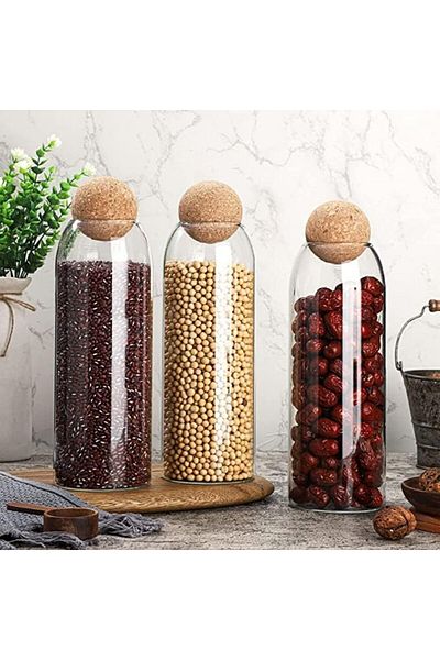 AKDC Glass Food Storage Canister with Airtight Cork Lid [1200ml/42Oz], Set of 3 for Kitchen Pantry