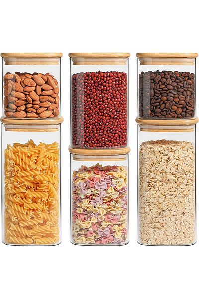 AKDC Set of 6 Square Glass Jars with Bamboo Lids, Airtight Containers for Pasta, Tea, Snacks