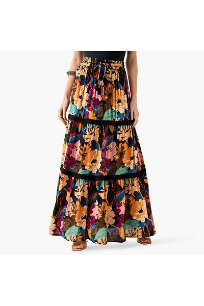 FAV Floral Print Tiered Maxi Skirt with Elasticated Waistband