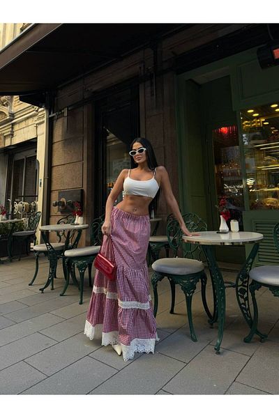 Friday Mood Fusta maxi cu dantelă în carouri de damă