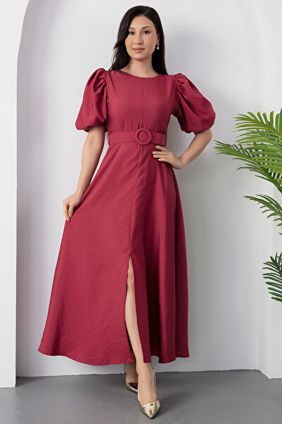 PULLIMM Bisiklet Yaka Kemerli Yırtmaçlı Elbise NY4534