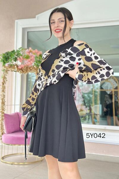 İnce Topuk Off Shoulder Satin Garnished Crepe Dress 5Y042