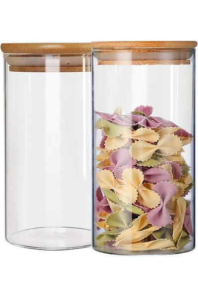 AKDC Set of 2 Glass Food Storage Containers,Bamboo Airtight Lids,Pantry Jars for Tea,Spices (950ml)
