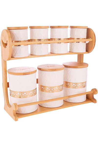 AKDC Incredible Canister Set - Elegant Design, Durable Ceramic Jars with Wooden Lids, Brown & White