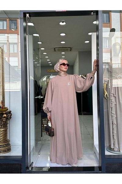 NS Moda Hijab Retro Balloon Sleeve Dress Beige Model-537