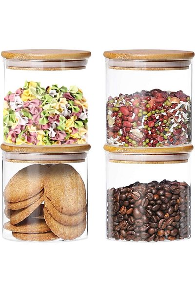 AKDC Set of 4 Round Glass Jars with Bamboo Lids,Airtight Containers for Tea, Coffee, Snacks (500ml)