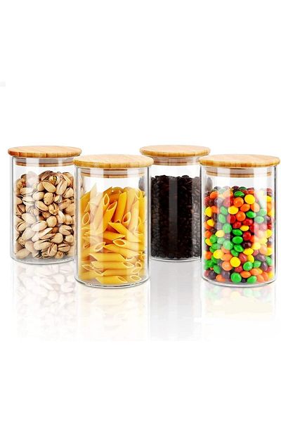 AKDC Set of 4 Round Glass Jars with Bamboo Lids, Airtight Containers for Tea, Coffee, Snacks, 1000ml