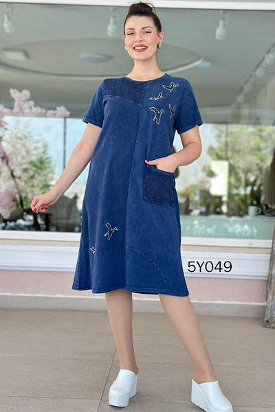 İnce Topuk Stone Printed Dress with Front Mesh Pocket 5Y049