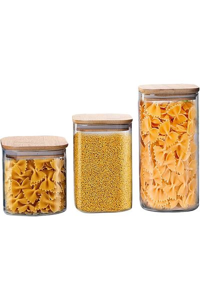 AKDC Set of 3 Square Glass Jars with Bamboo Lids, Airtight Storage for Pasta, Snacks (800-1600ML)