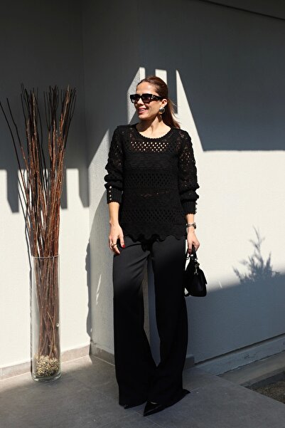 Purple by Banu بنطلون أسود عالي الخصر واسع الساق