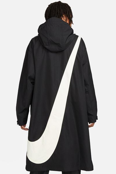 Nike Men's Swoosh Woven Oversize Long Jacket Men's Hooded Wide Fit Long Woven Jacket Black