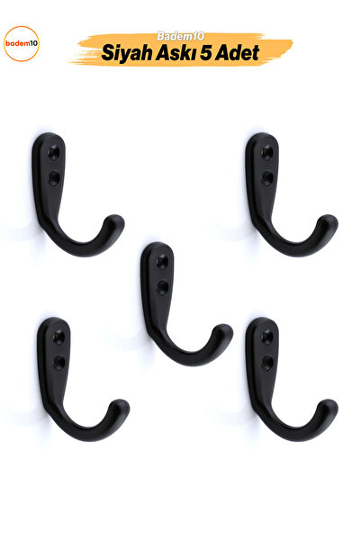 Badem10 Azra Çanta Elbise Askısı 5 Adet Siyah Duvar Vestiyer Banyo Kıyafet As...