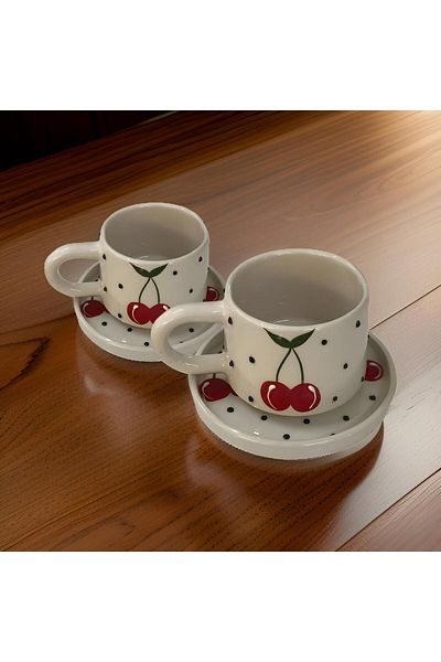 İlbay Çini Takı Ilbay Ceramic Mug Cup with 2 Plates "Cherry