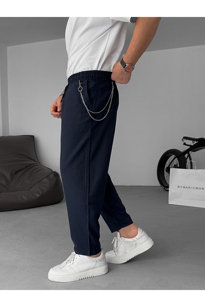 BYBASICMAN Navy Blue Carrot Cut Chain Trousers Res-5037