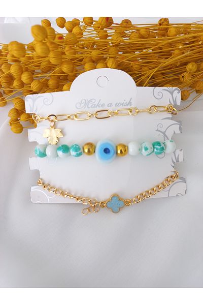 İPAR AKSESUAR Golden Green and Spring Embroider 3'Li Bracelet Limited Quantity