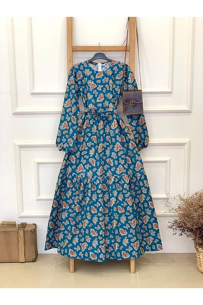 KÜÇÜĞÜM BUTİK Hijab Petrol Green Shawl Patterned Layered Satin Dress