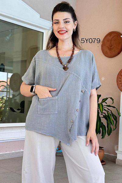 İnce Topuk Cross Buttoned Linen Blouse 5Y079