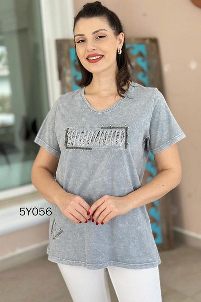 İnce Topuk V-Neck Sequin Detail Cotton Blouse 5Y056