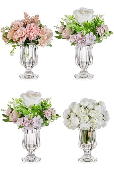 Home Zone Set of 4 Small Pedestal Flower Vases Footed Urn for Flowers, Dining Table Decoration
