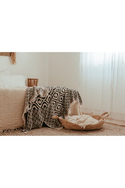 Pamukme COTTON THROW BLANKET- WARM AND BRIGHT BLACK GRAY