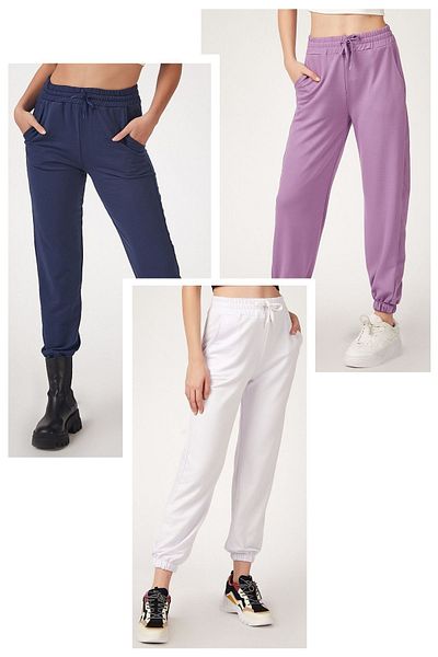 AQE FASHION Women's Sweatpants Set of 3 Lilac-Navy Blue-White