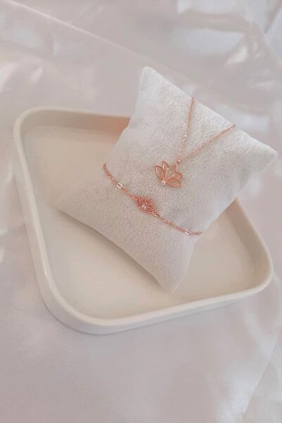 klas gümüş Gümüş Rose Lotus Çiçeği Set | Kolye Bileklik | Özel Gün Hediyesi