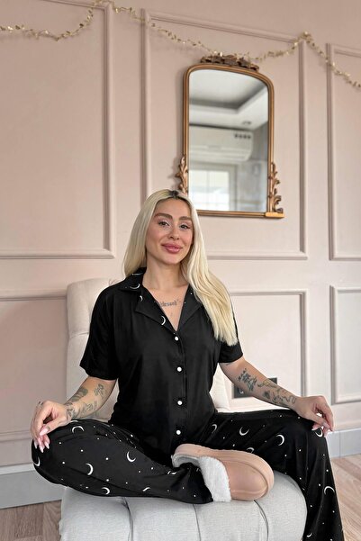 Pijamaevi Fekete csillagos éjszakai mintás bambusz elülső gombos rövid ujjú pizsama szett