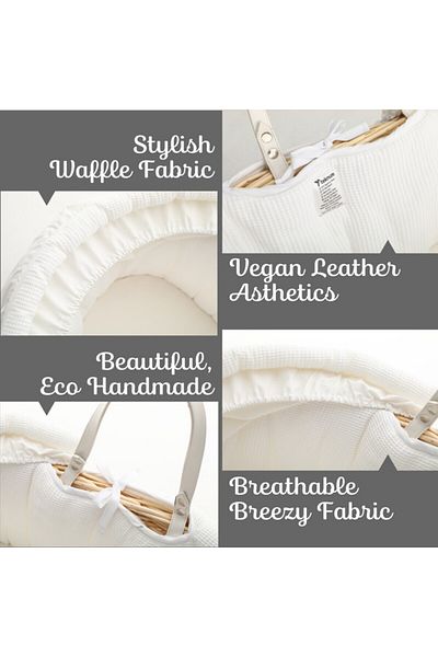 TEKNUM Infant Wicker Moses Basket with White Waffle Beddings & White Rocker Stand - Wooden Brown