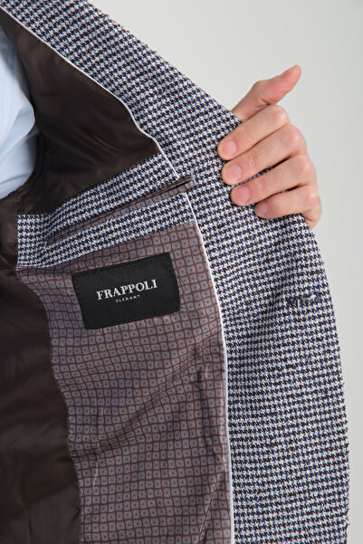 Frappoli Pico Erkek Koyu Lacivert Kendinden Desenli Örme Kumaş Slim Fit Mono Yaka Dar Kesim Blazer Ceket