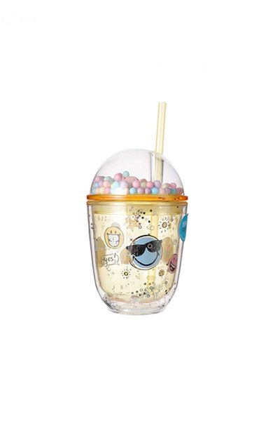 Miniso Smiley World Series Double Wall Plastic Cup with Straw - 435ml
