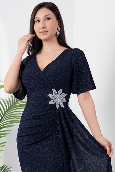 PULLIMM Double Breasted Neckline Waist Flower Stone Dress 39937