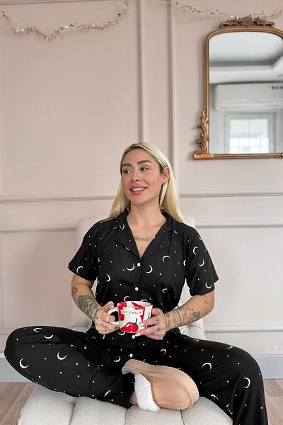 Pijamaevi Set de pijamale cu mânecă scurtă, cu nasturi în față, din bambus, cu model Twilight Glow