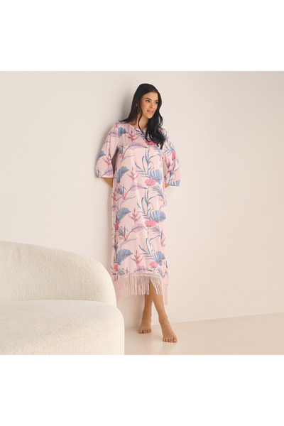 FAV فستان نوم بطبعات الأزهار بأكمام 3/4 وتفاصيل هامشية