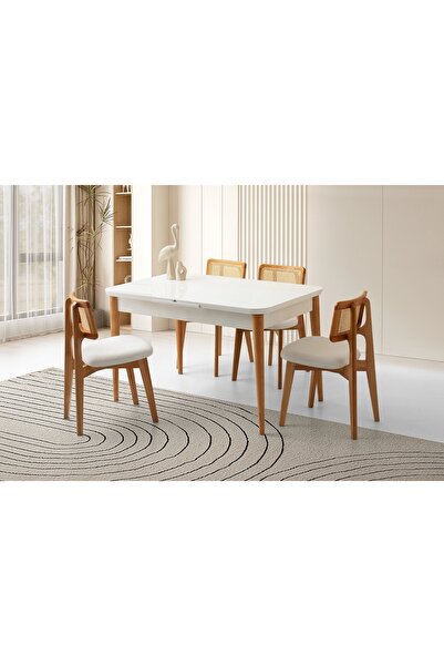 Evistro Ortadan Açılır Büyüyen 70x120cm Beyaz Ahşap Salon Yemek Masa Naturel ...