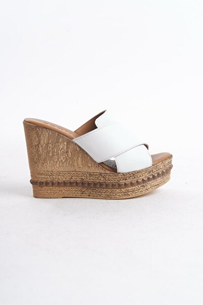 ERNİLA Ilya White Genuine Leather Wedge Heel Women's Slippers