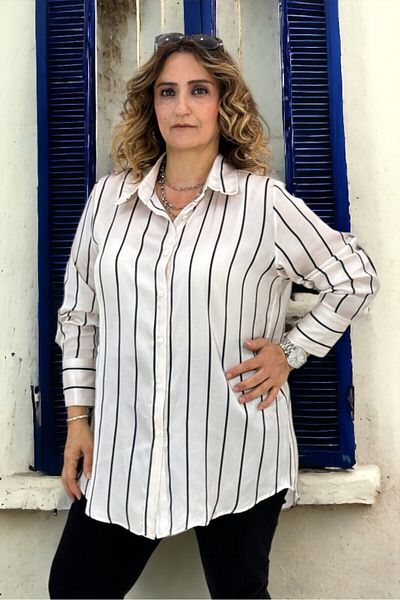 yagmurberen Σατέν πουκάμισο με ρίγες Navy Blue - Φαρδιά μανσέτα, Plus Size