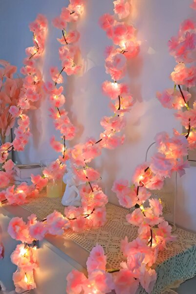 Buka Shops Pembe Kiraz Çiçeği Sarmaşığı ve 3 Metre LED Işık Seti - Yapay Çiçek Sarmaşık - 1,85 Metre Çiçek