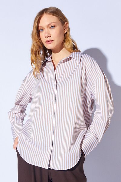 Manche Light Beige Oversize Basic Women's Line Shirt |   Mks 167429 -01