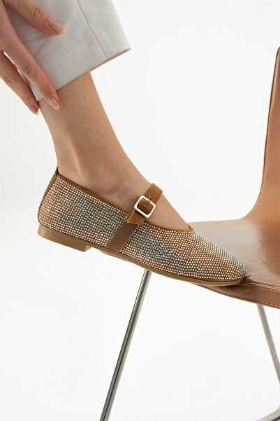 Neva'nın Butiği Glitter Round Toe Flat Sole Tape Λεπτομερείς πέτρες καθημερινής χρήσης μπαλαρίνες - καφέ
