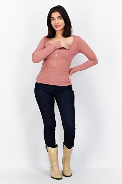 NA-KD Women Scoop Neck Long Sleeves Plain Blouse, Dusty Pink