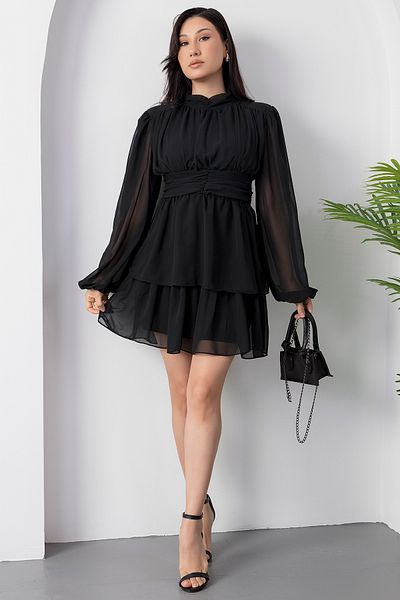 PULLIMM Long Sleeve Skirt Layered Chiffon Dress Ny4518